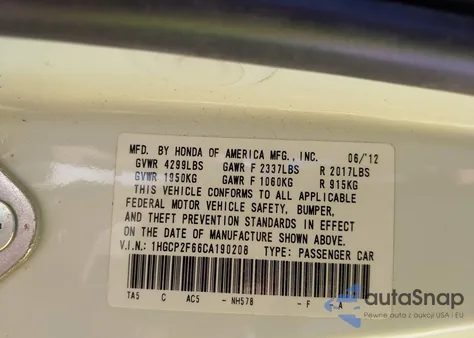 2012 Honda Accord 2.4 Se из США, поврежденный, VIN 1HGCP2F66CA190208